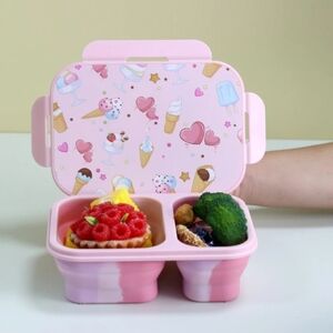 Cute Pink Ice Cream-Themed Collapsible Bento Lunch Box – 2-Compartment Food Cont